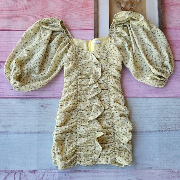 Lush Dresses & Skirts - Lush Yellow Floral Puff Sleeves Ruched Ruffle Fitted Bodycon Mini Dress Small